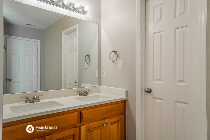 a bathroom with a sink and mirror and a white door