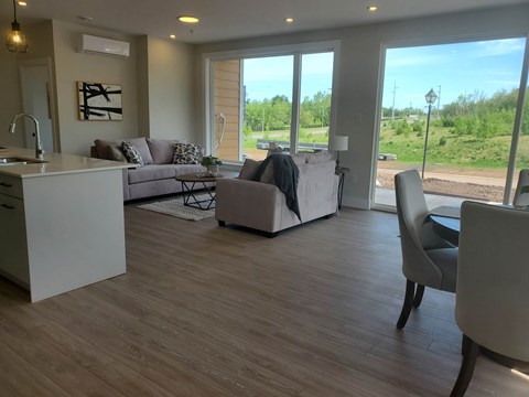 A modern living room with a grey sofa and a wooden floor.