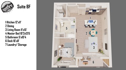 A floor plan of a suite with a kitchen, dining room, living room, master bedroom, bathroom, deck, and laundry/storage area.