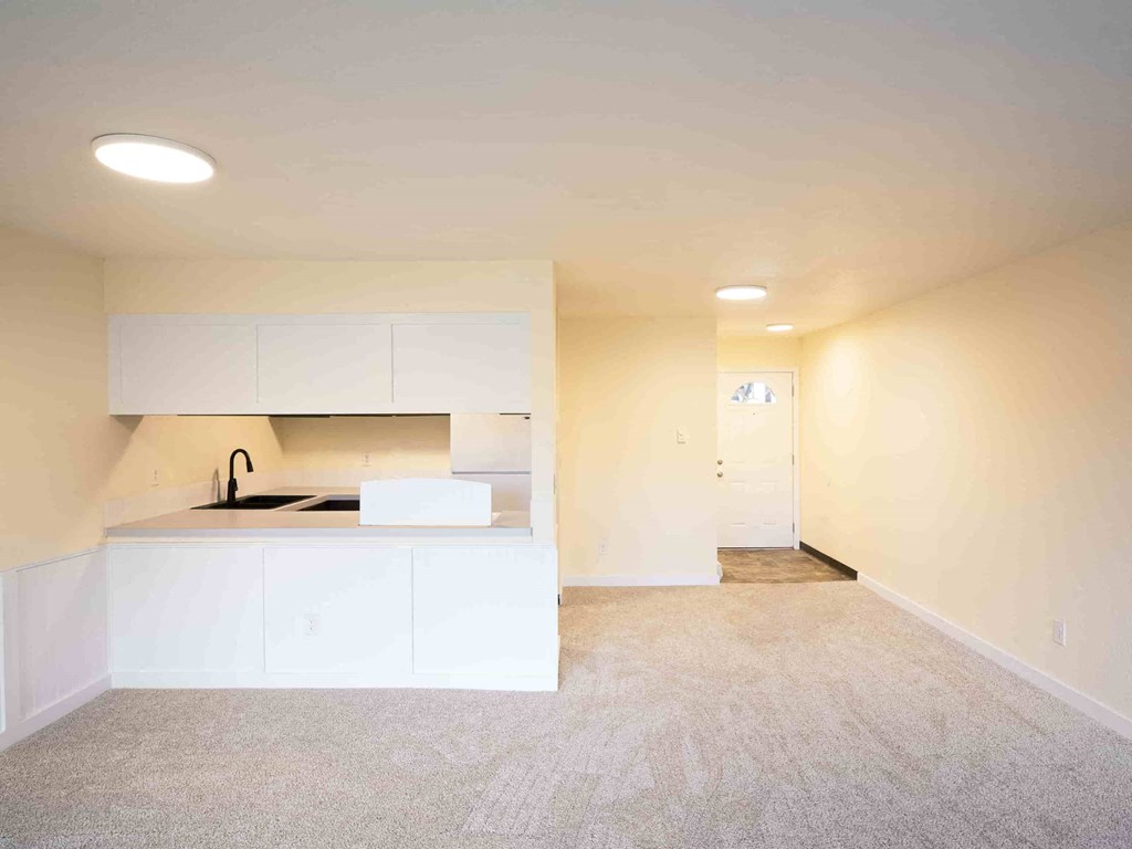 an empty room with a kitchen and a sink
