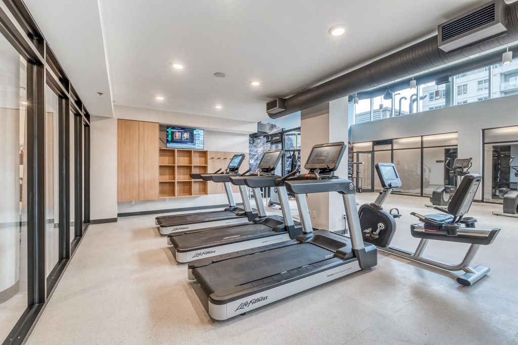 A gym with treadmills and weight machines.