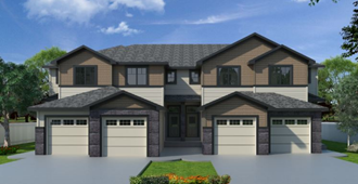 a rendering of a two story house with two garage doors