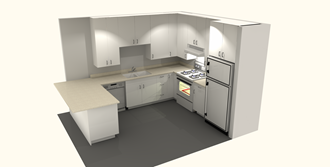 a rendering of a kitchen with white cabinets and stainless steel appliances