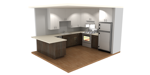 a rendering of a kitchen with white cabinets and stainless steel appliances