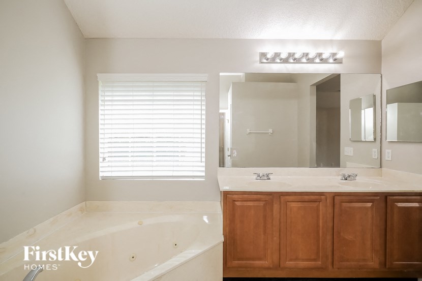 a bathroom with a tub and a sink and a mirror