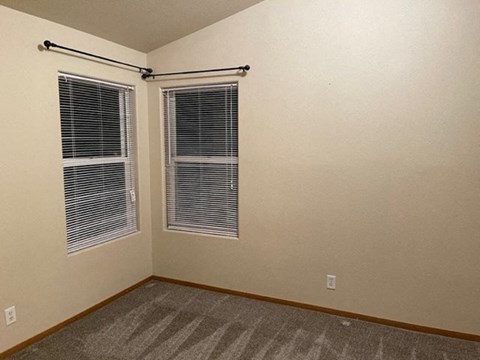 A room with a carpeted floor and two windows with blinds.