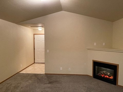 A room with a fireplace and a carpeted floor.