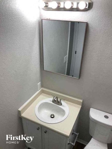 a bathroom with a sink and a mirror and a toilet