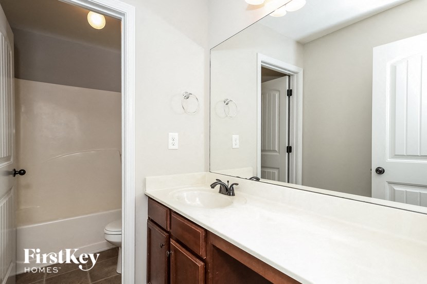 a bathroom with a sink and a mirror and a shower