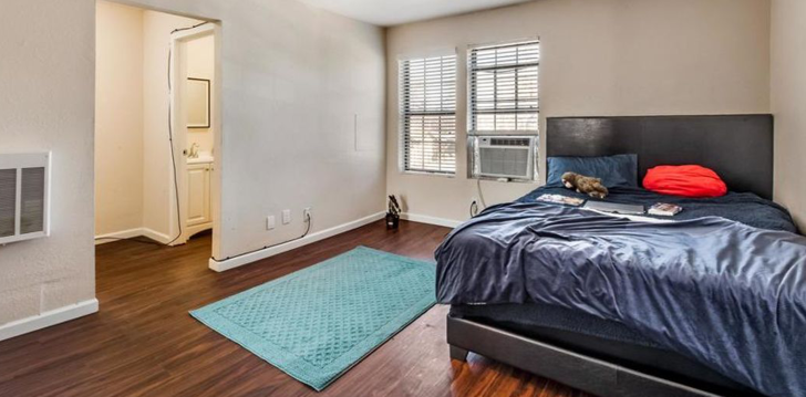a bedroom with a bed and a rug