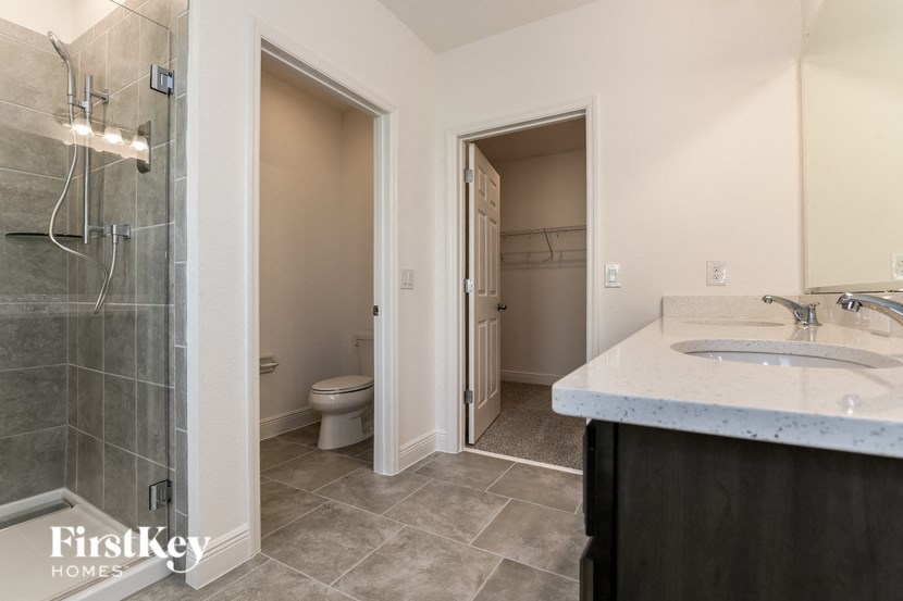 a bathroom with a sink and a shower and a toilet