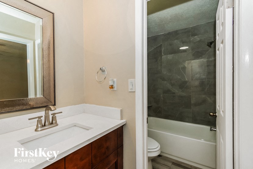a bathroom with a sink and a shower and a mirror