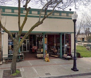 A tree in front of a store.
