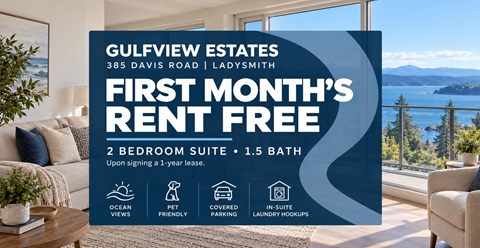 A promotional image for Gulfview Estates advertising a free first month's rent for a 2 bedroom suite.
