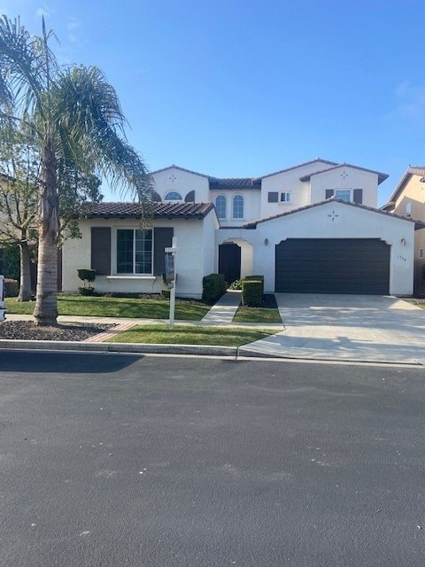 A white house with a black garage door and a palm tree in front.