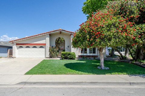 A house with a red roof and a tree with red flowers in front.