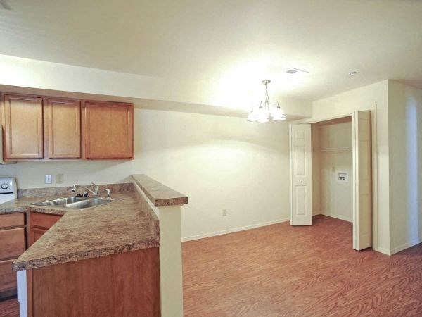 an empty kitchen and living room with a sink