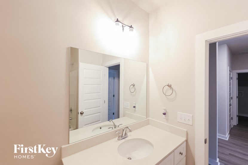 A bathroom with a white sink and a mirror.