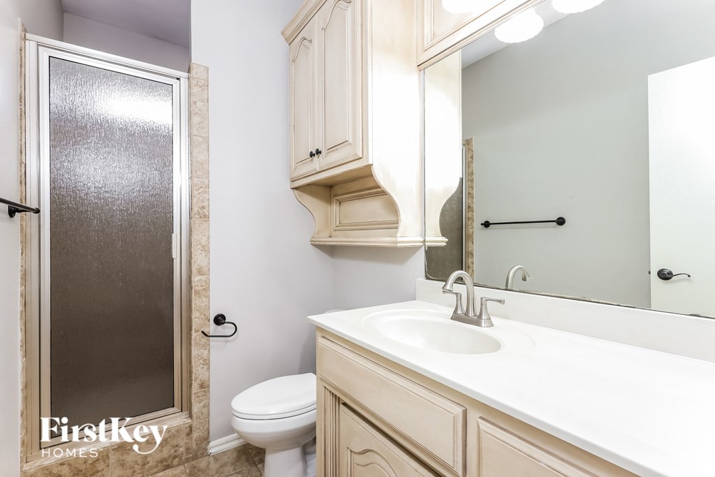 a bathroom with a sink and a shower and a toilet