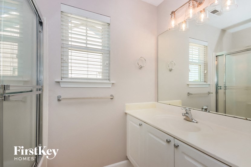 a bathroom with a sink and a shower and a mirror