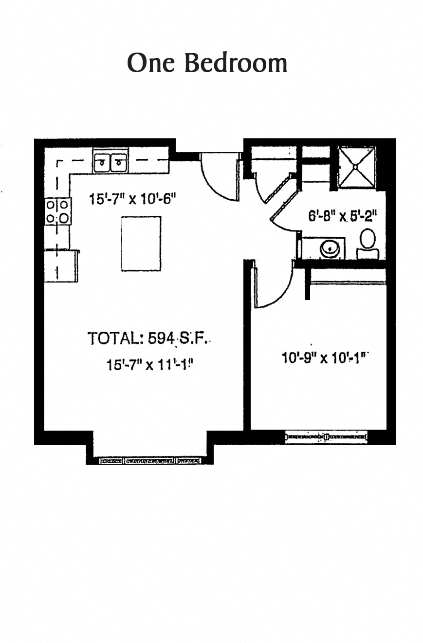 A black and white image of a 1 bedroom apartment floor plan.