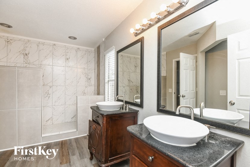 a bathroom with a sink and a mirror and a shower