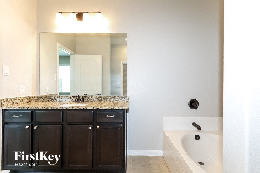 a bathroom with a tub and a sink and a mirror