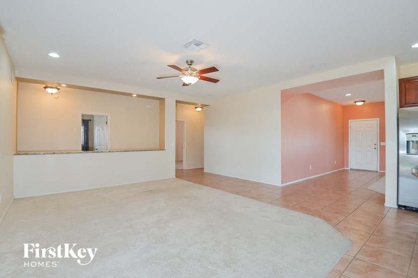A spacious room with a fan and a carpet on the floor.