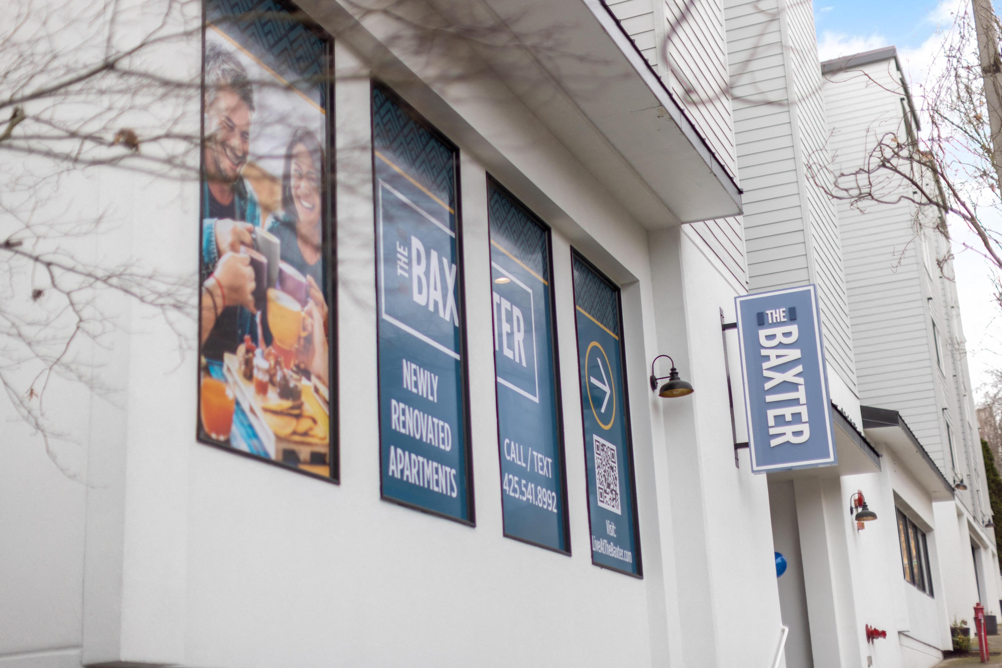 a building with banners on the side of it