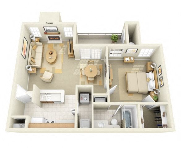 1 Bedroom 1 Bathroom Floor Plan at River Walk at Puerta de Corrales Apartments