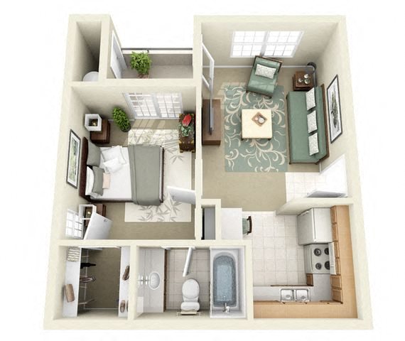 1 Bedroom 1 Bathroom Floor Plan at River Walk at Puerta de Corrales Apartments