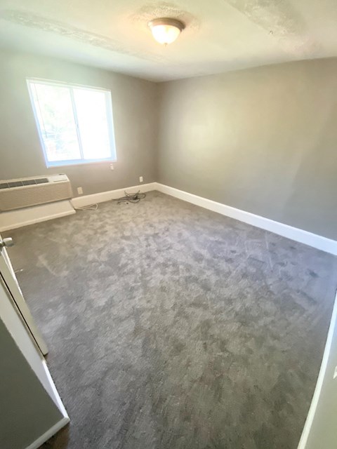 an empty living room with a carpeted floor and a window