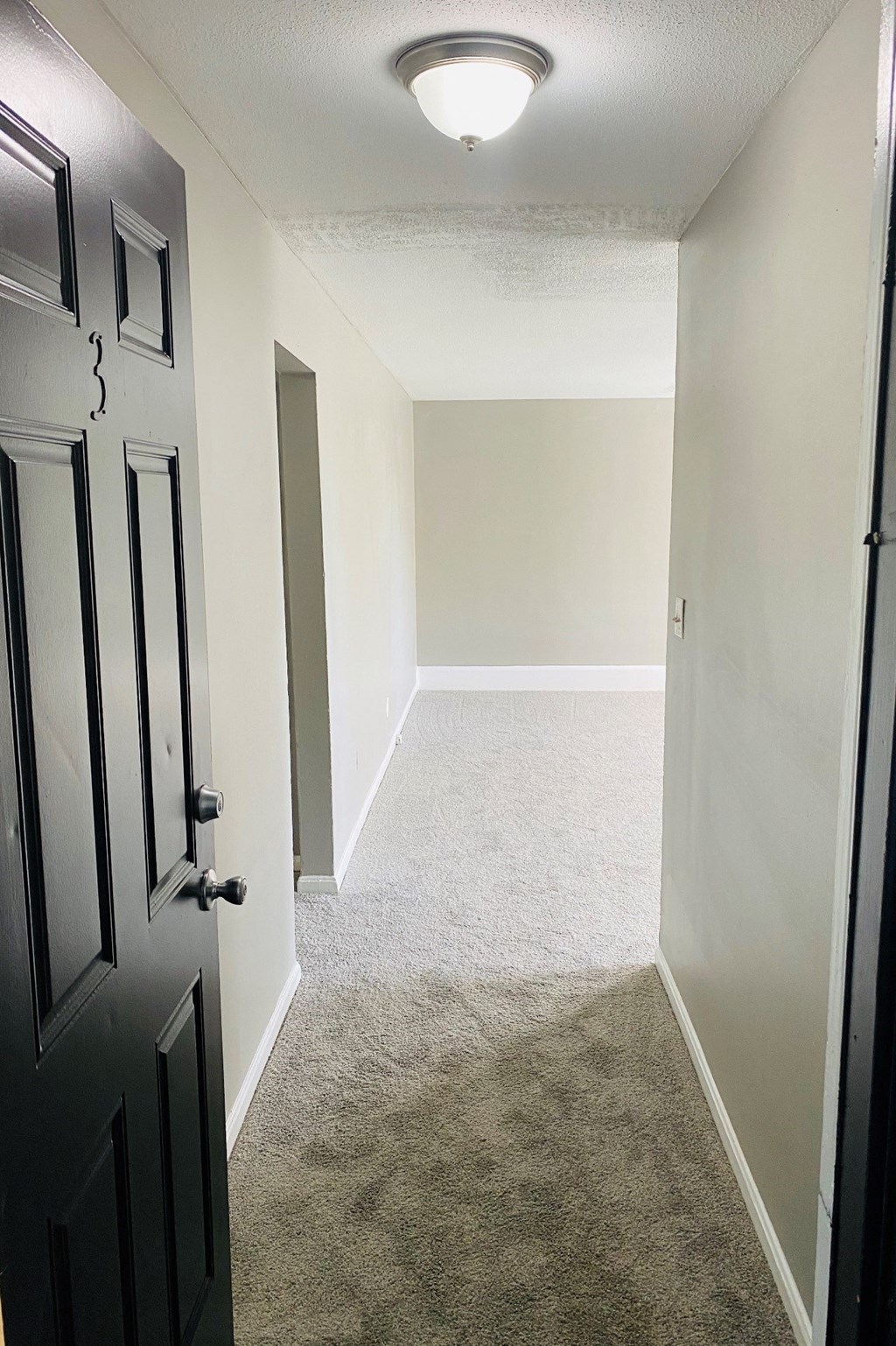 a room with a carpeted floor and a black door