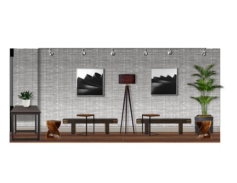 a living room with tables and paintings on the wall