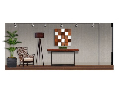 a room with a table and a lamp and a chair