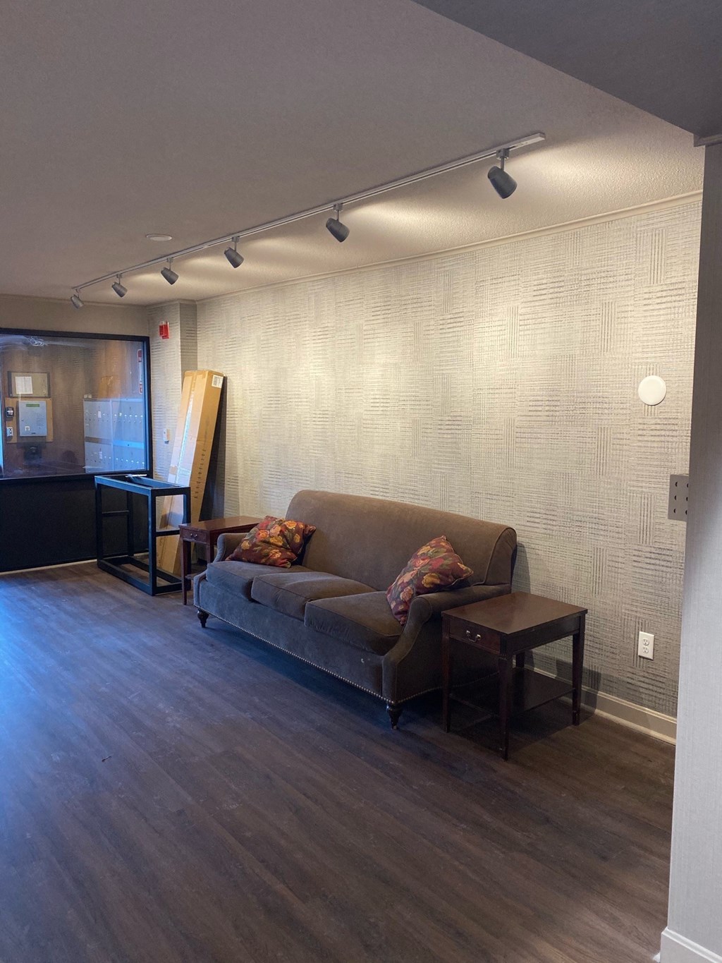 a living room with a couch and a table