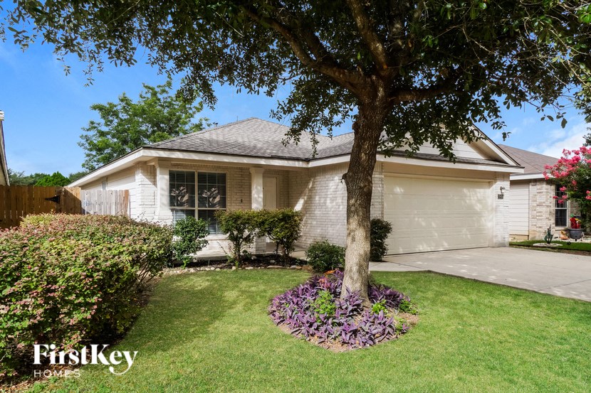 a tree in the front yard of a white house