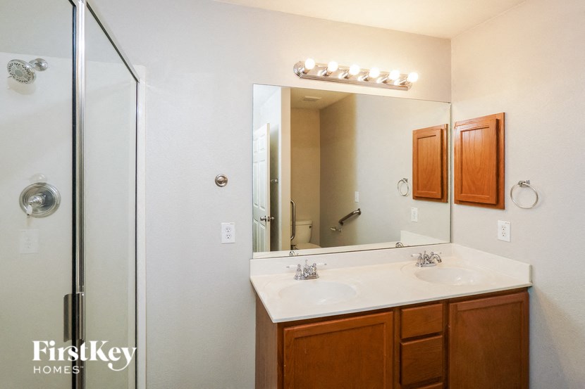 a bathroom with a sink and a shower and a mirror