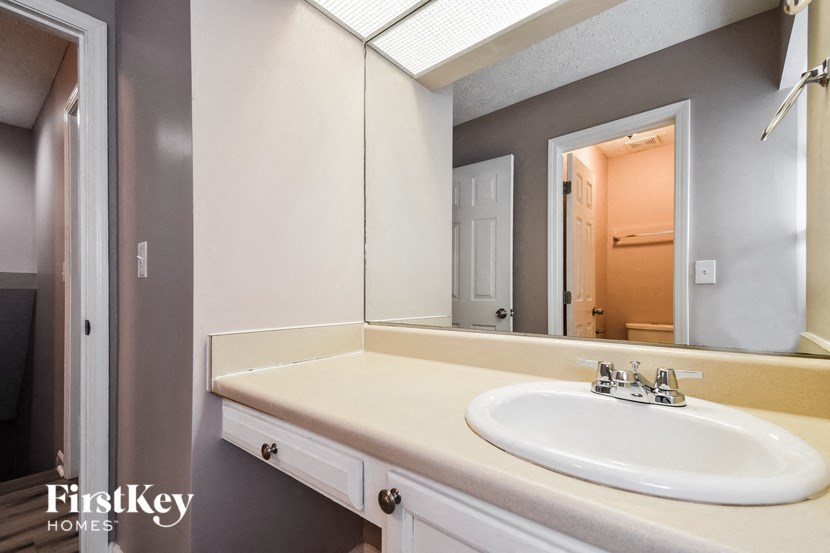 a bathroom with a sink and a large mirror
