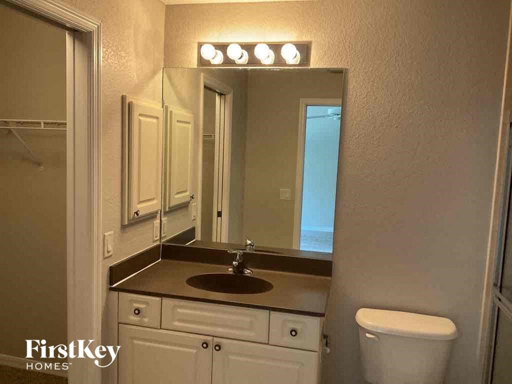 a bathroom with a sink and a mirror and a toilet