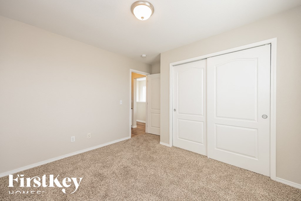 A room with a carpeted floor and two white doors.
