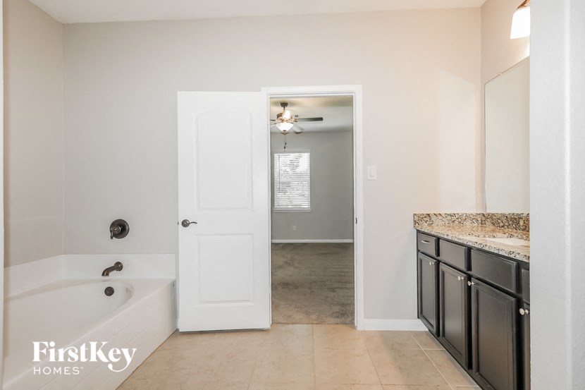 a bathroom with a tub and a sink and a mirror