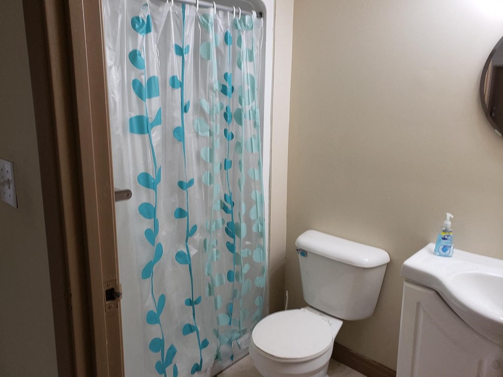 a bathroom with a toilet and a shower curtain