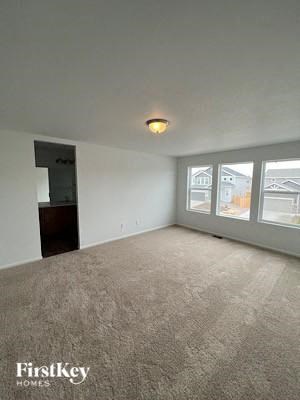 A carpeted room with a window and a light on the ceiling.