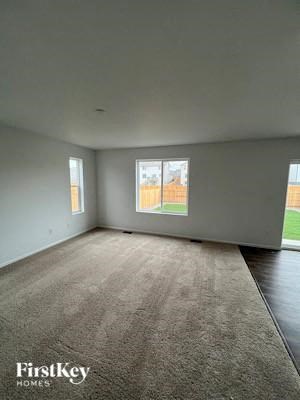 A room with a carpeted floor and two windows.