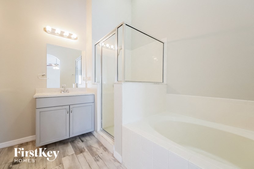 a bathroom with a tub and a sink and a shower