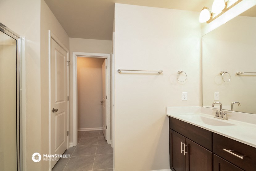 a bathroom with a sink and a mirror and a shower