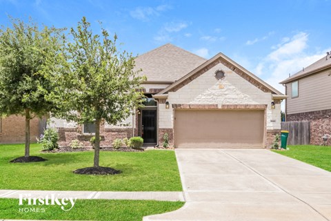 a house with a tree in the yard and a garage door