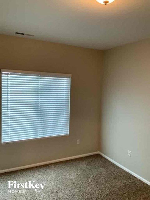 A room with a window covered by blinds and a carpet on the floor.