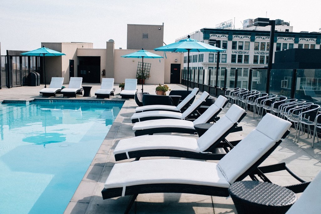 a row of lounge chairs by the pool at the ace hotel